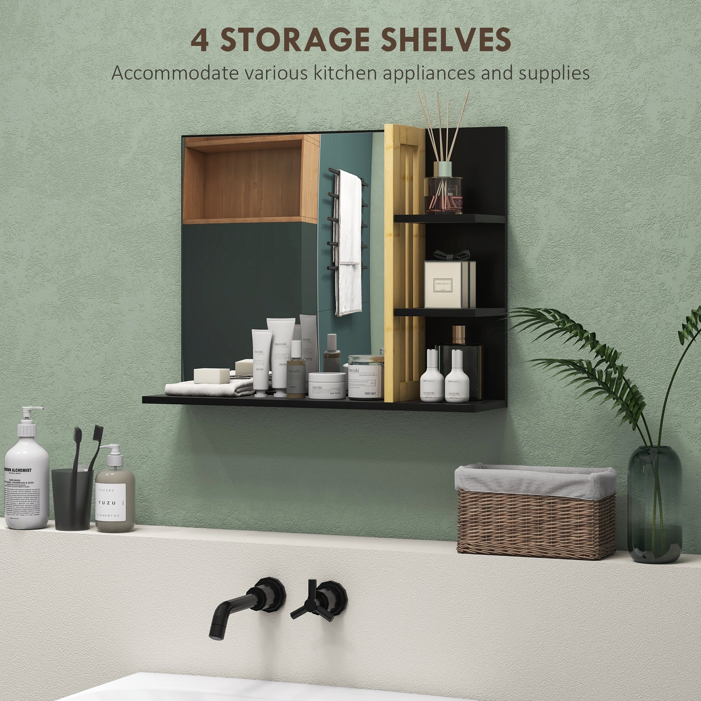 HOMCOM Bamboo Panel Bathroom Mirror, with Shelves