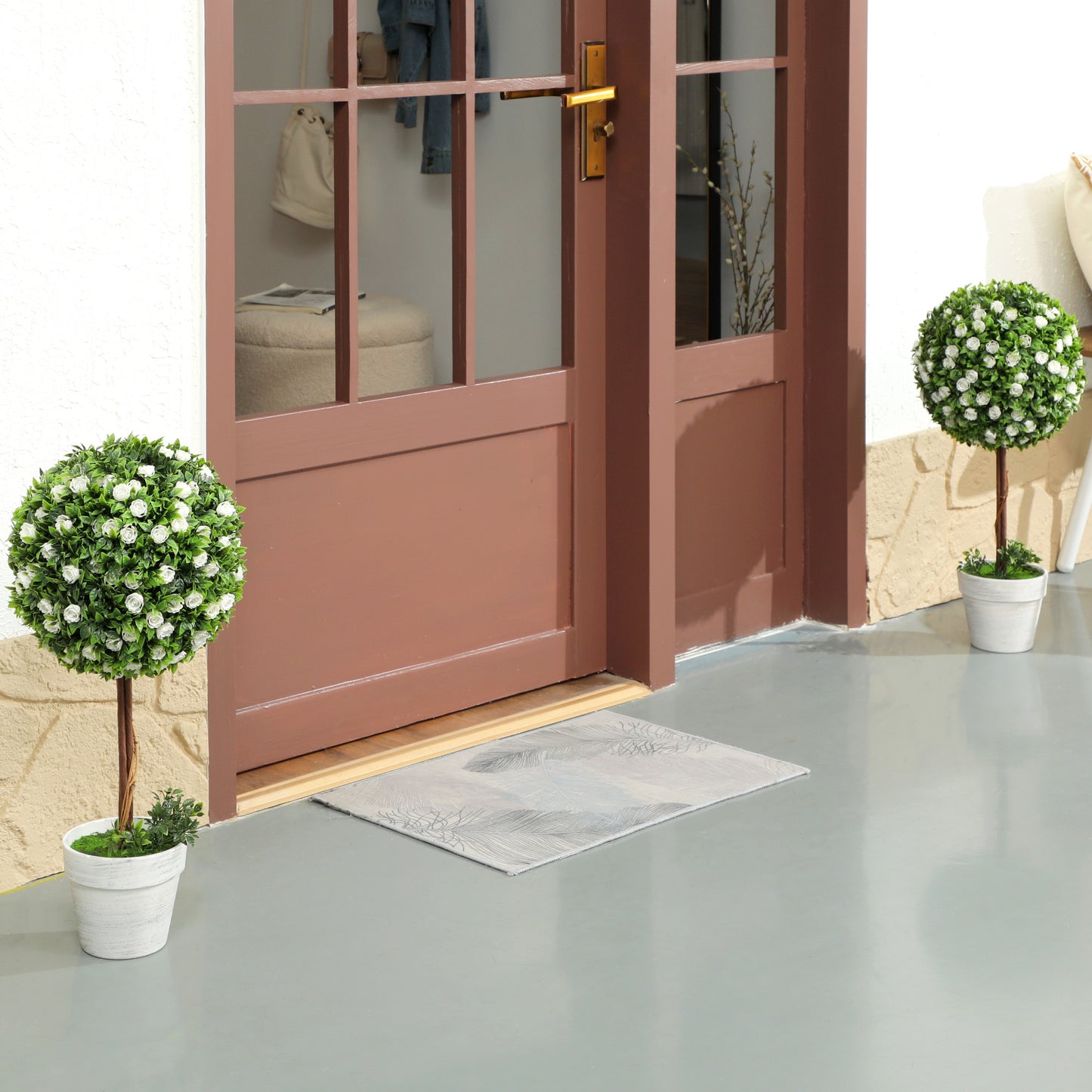 HOMCOM Set of 2 Decorative Artificial Plants, Ball Topiary Tree with Rose Flower in Pot, White