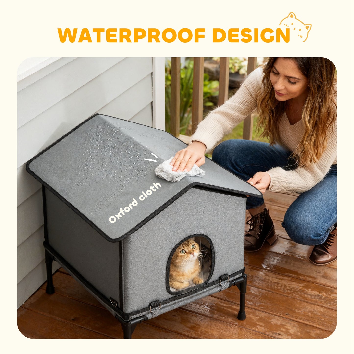 PawHut Outdoor Cat House, Waterproof Insulated Cat Kennel with Elevated Base, Foldable Feral Kitty Shelter for Kittens, Grey