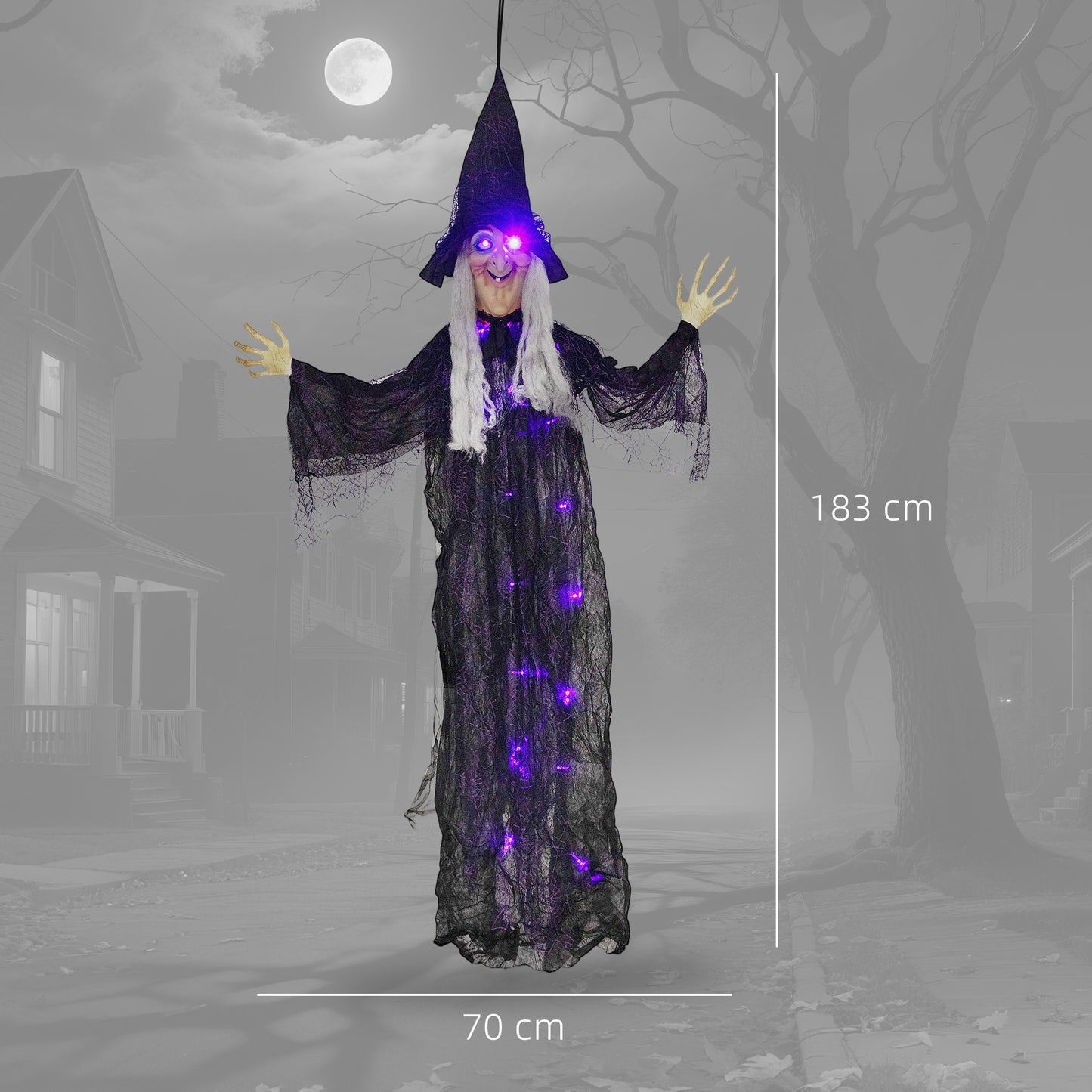 Outsunny 183 cm Life Size Halloween Animated Hanging Witch with Glowing LED Eyes & Body, Battery Operated Indoor Party Props, Spooky Decorations