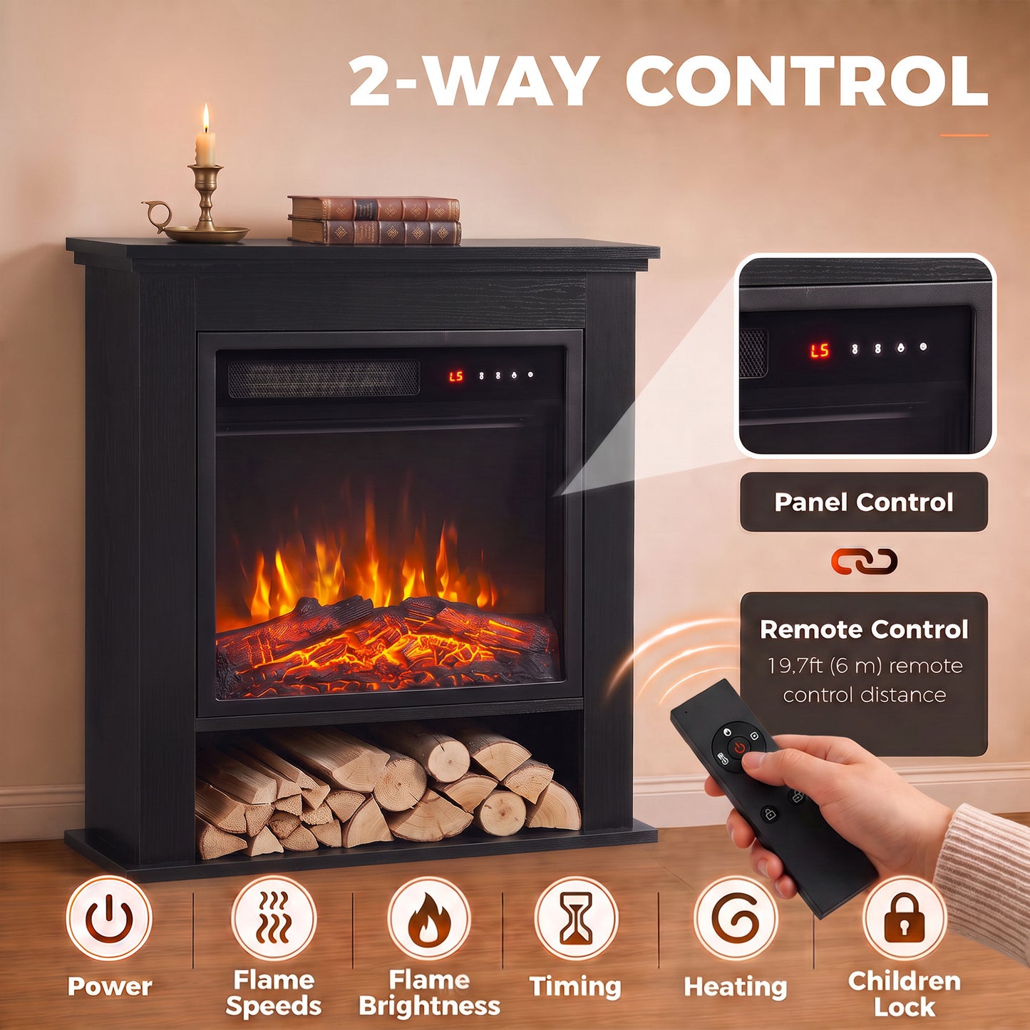 HOMCOM Electric Fireplace Suite with Shelf, 25" 1800W Electric Fire and Surround with LED Flame, 5 Brightness, Remote, Black