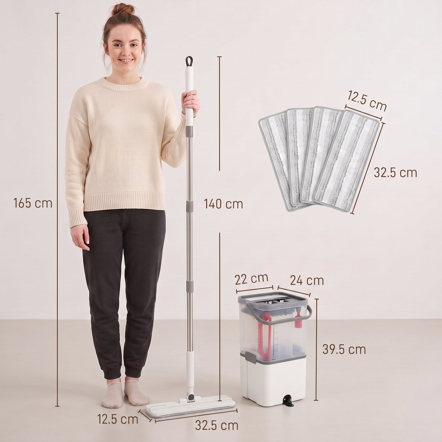 HOMCOM Mop and Bucket Set, Compact Flat Mop and Bucket with Wringer, 2-Chamber Design, 5 Reusable Microfiber Pads, White
