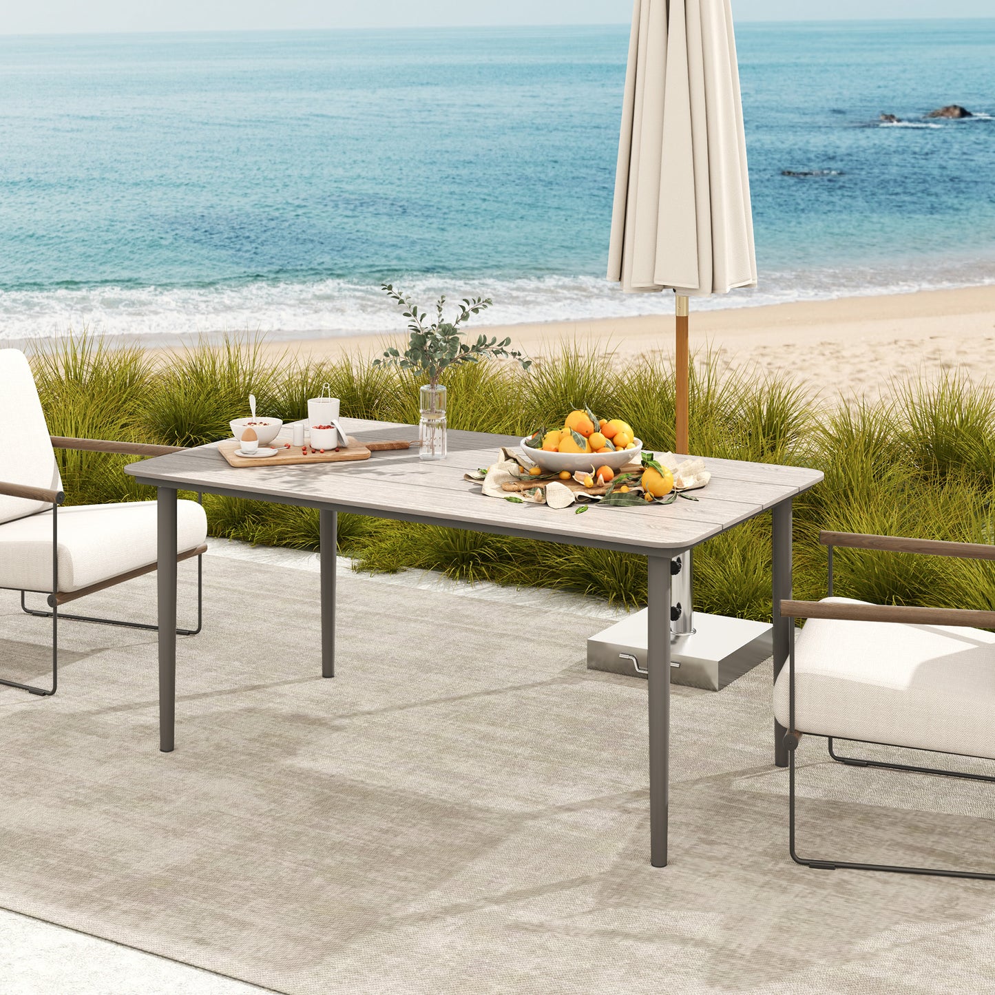 Outsunny Garden Table, Outdoor Dining for 6, Rust-Resistant Metal Frame, WPC Top, 160x90x74 cm, for Balcony/Terrace, Light Grey