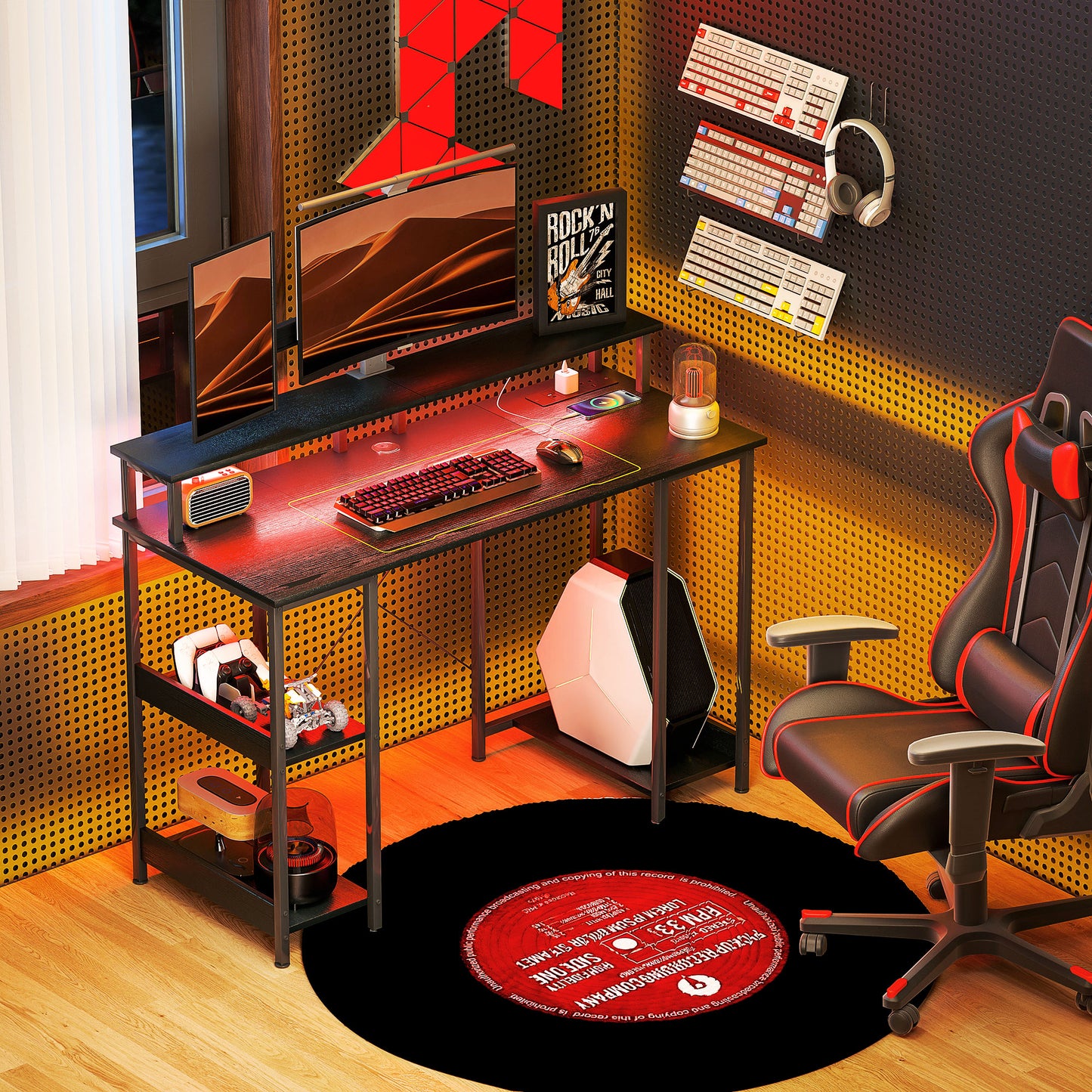 HOMCOM Computer Desk with Power Outlets and LED Lights, 120 x 50cm with Cable Management, Black