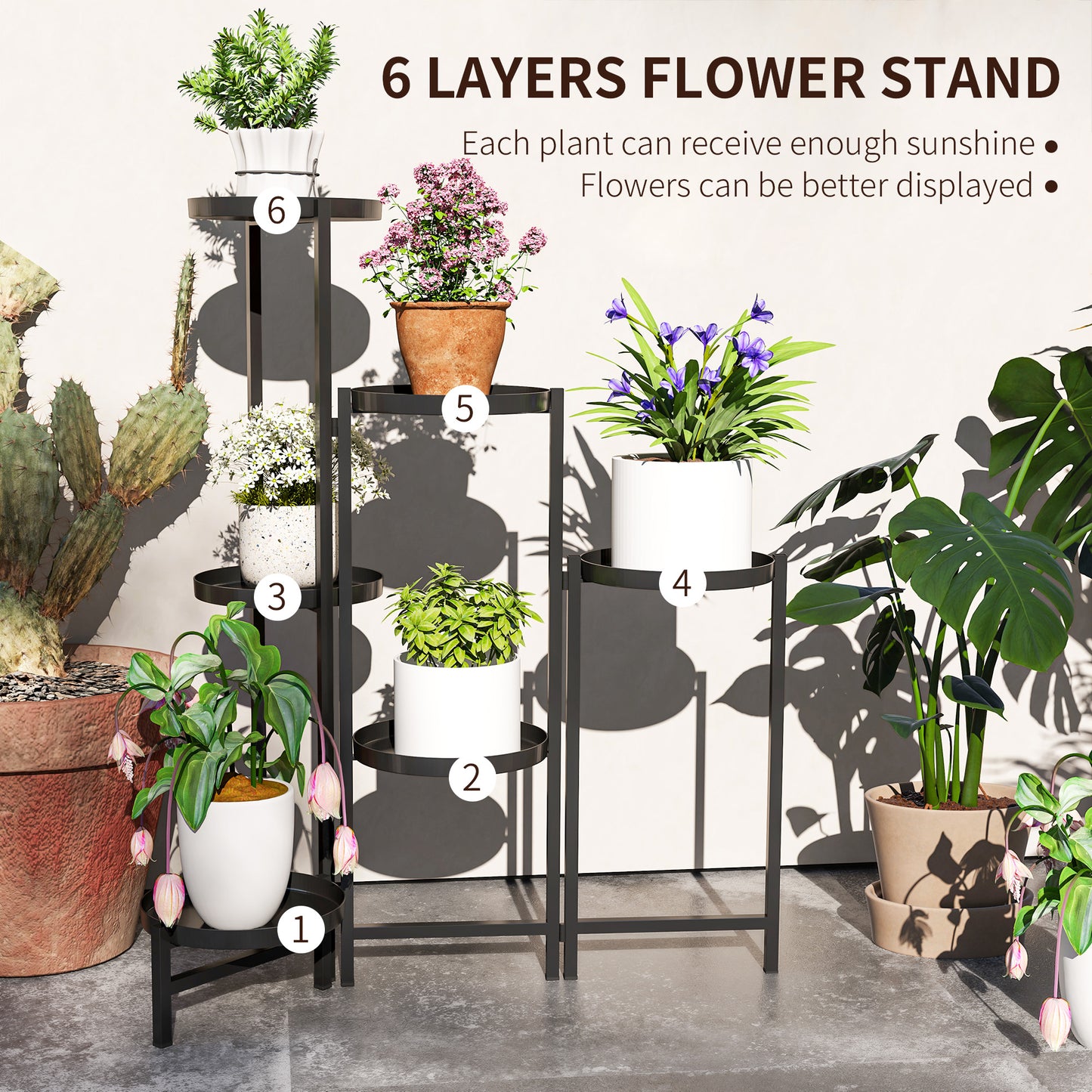 Outsunny 3 Tier Indoor Outdoor Foldable Corner Plant Stand, Metal Round Flower Pot Holder, Black