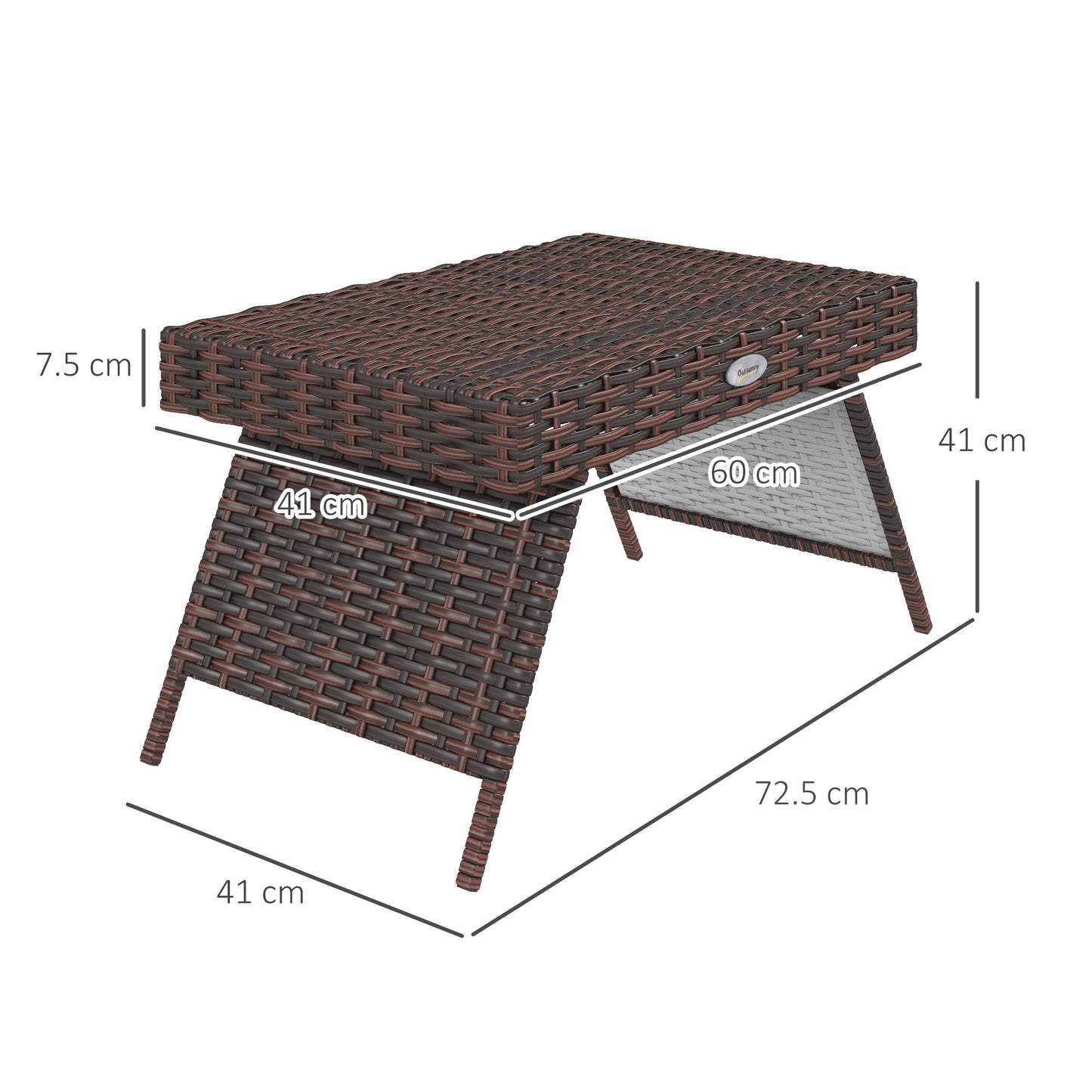 Outsunny Foldable Outdoor Side Table, Rattan Coffee Table with Steel Frame, Space-Saving Bistro Garden Furniture, 60 x 41 x 41 cm, Brown