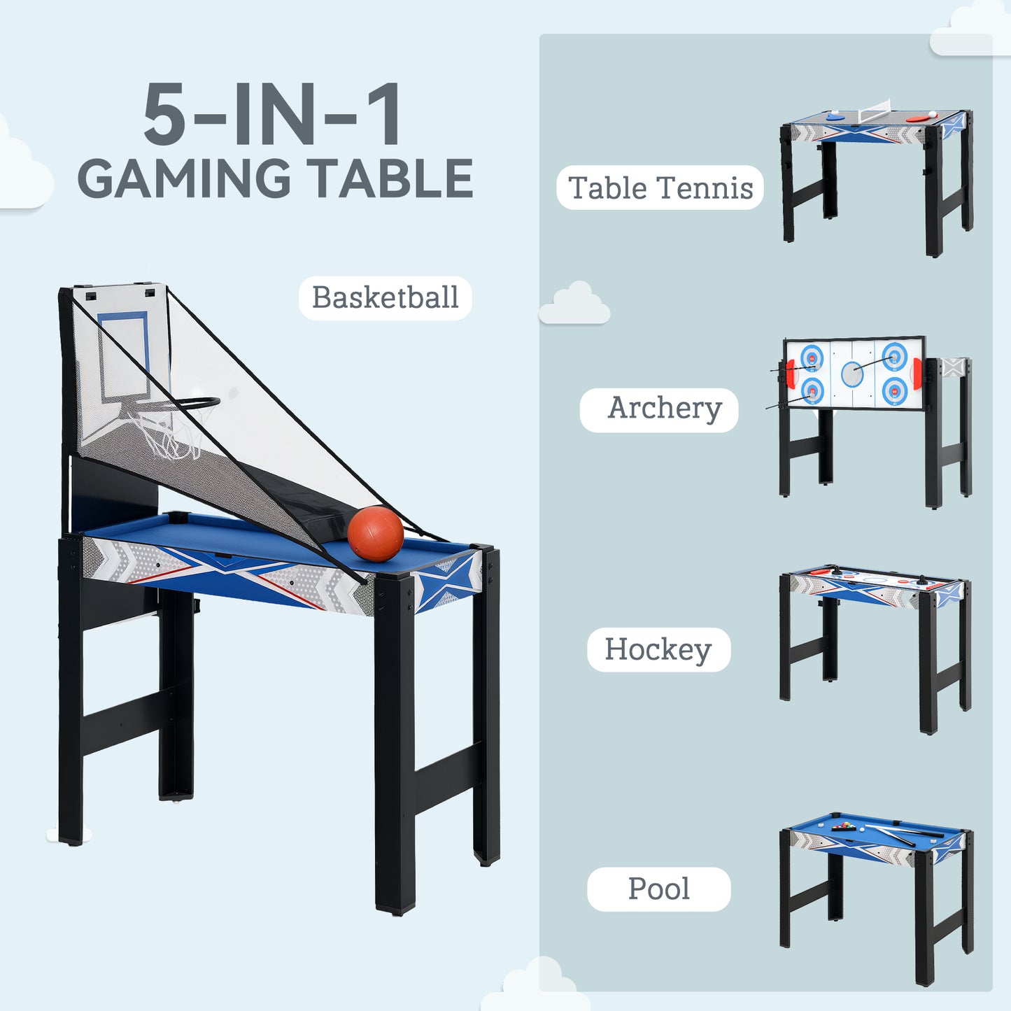 SPORTNOW 5 in 1 Combo Games Table for Kids: Mini Pool, Table Tennis, Hockey, Basketball & Bow and Arrow