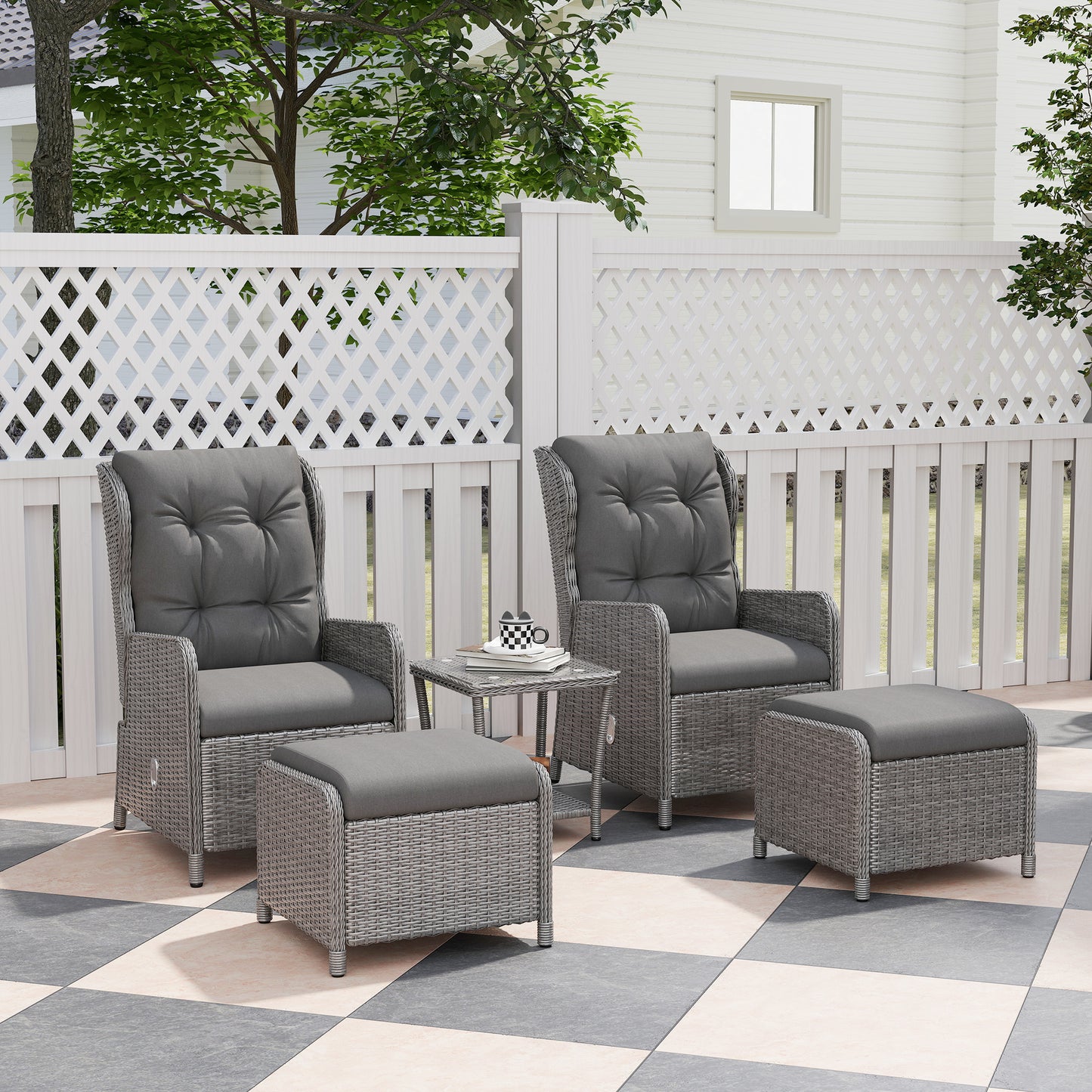 Outsunny 5pc Rattan Bistro Set: Reclining Wicker Furniture with Cushions, Glass Table & Footstools, Light Grey