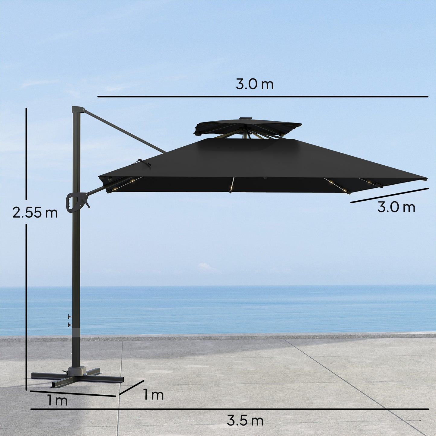 Outsunny Garden Cantilever Parasol, 3.5x3m, Solar LED Lights, UPF50+ Patio Umbrella with Cross Base, Crank Handle & Tilt, Black