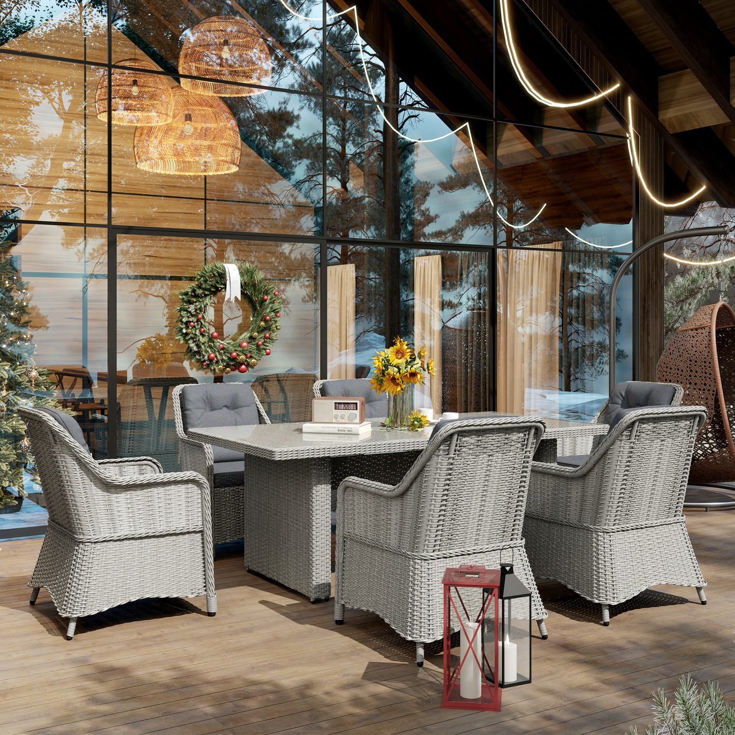 Outsunny 6-Seater Rattan Dining Set, Round PE Rattan Furniture, Aluminum Table, 6 Armchairs with Cushions, Rectangular Glass Top, Grey
