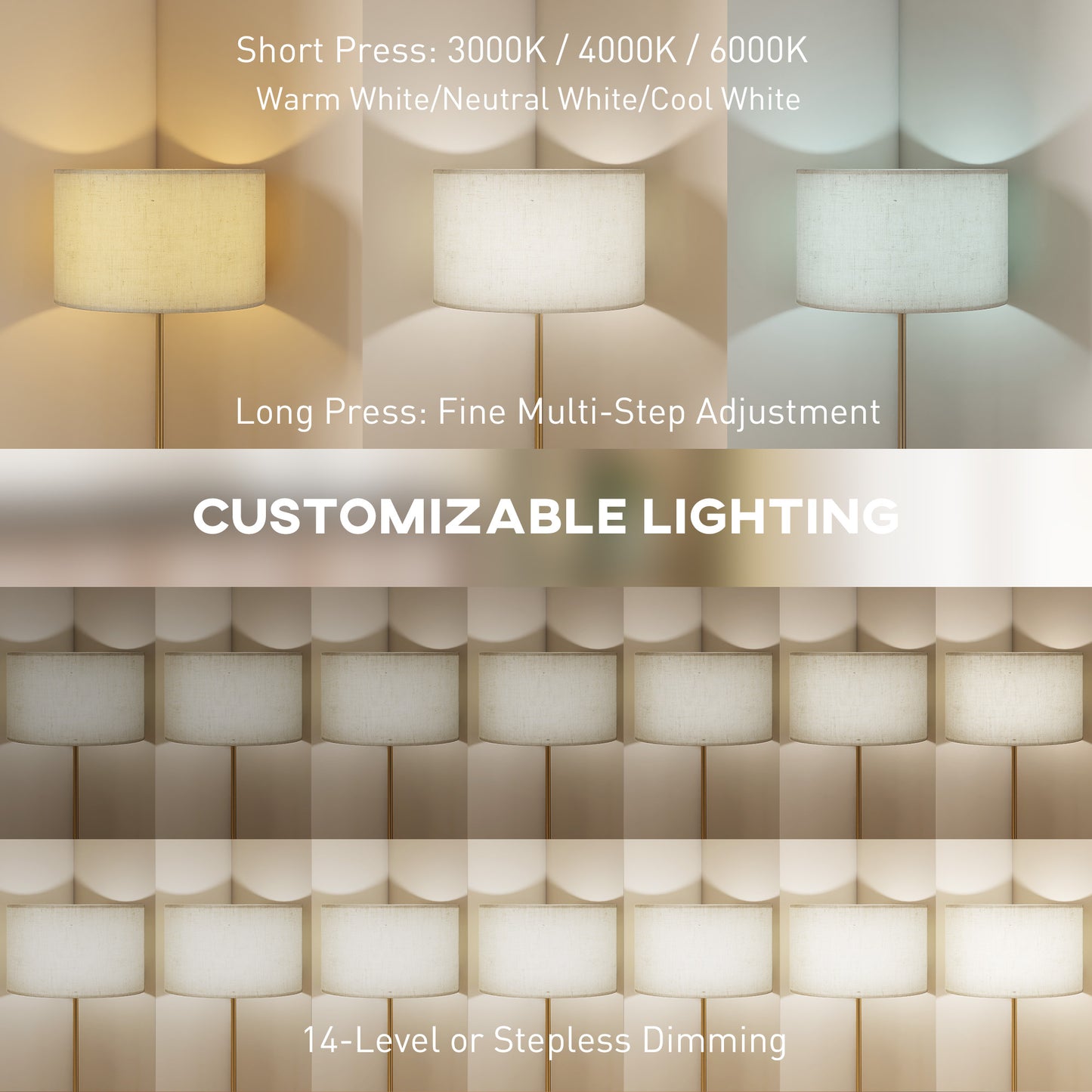 HOMCOM Floor Lamp, Height Adjustable with Linen Shade, Dimmable 3000K-6000K, Remote & Foot Switch for Living Room/Bedroom/Office, Gold Tone