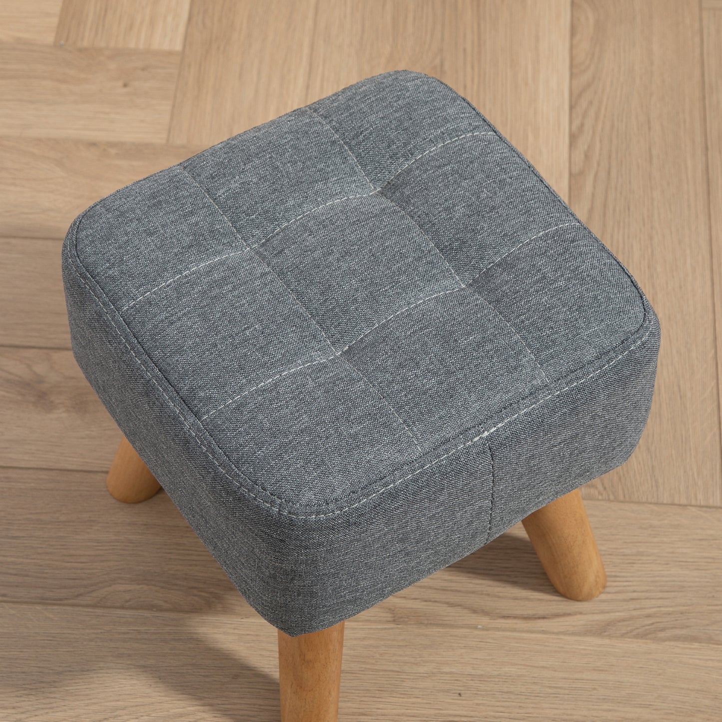HOMCOM Modern Tufted Footstool, Fabric Foot Stool with Rubber Wood Legs, Padded Seat, for Living Room, Bedroom, Entryway, Grey