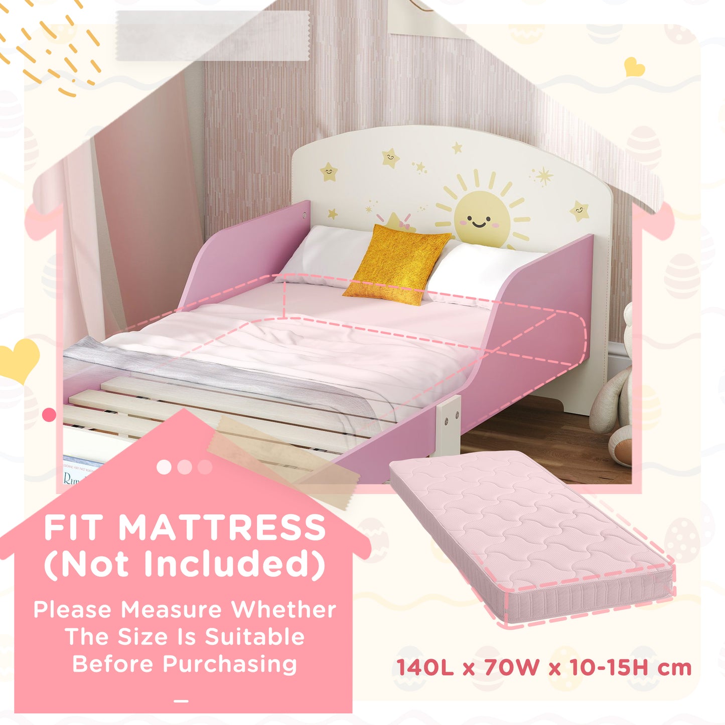 AIYAPLAY Toddler Bed with Storage, Guardrails, Sun Design, for Ages 3-8 Years, Fits 140 x 70cm Mattress,