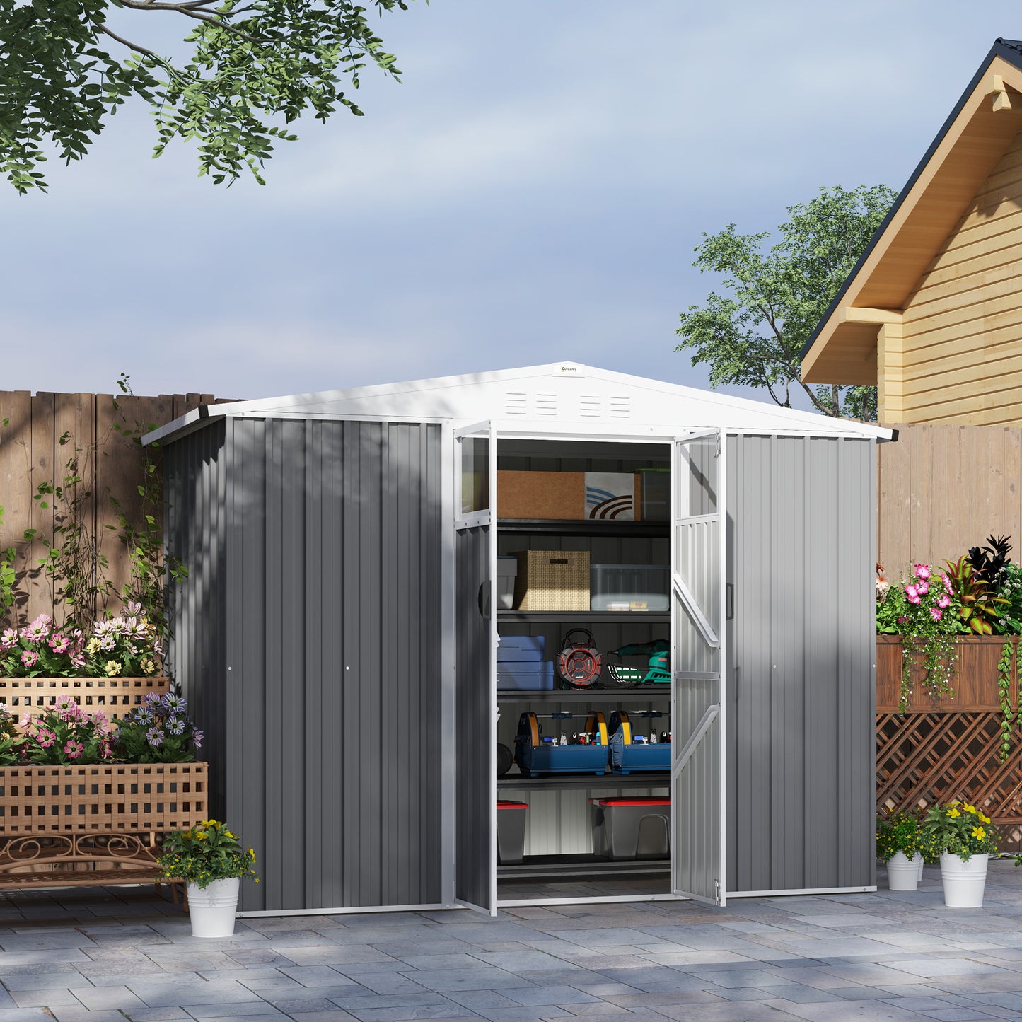 Outsunny Metal Garden Shed, 8 x 4 ft Storage Shed with Window, Vents, Lockable Door, Waterproof Steel Tool Storage, Light Grey