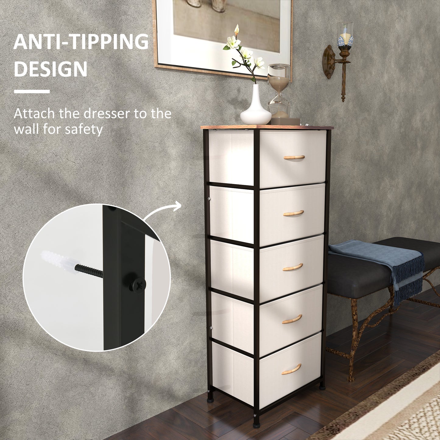 HOMCOM Chest of Drawers, Industrial Dresser with 5 Fabric Drawers, Steel Frame & Wooden Top for Bedroom, Nursery, Hallway, Cream White