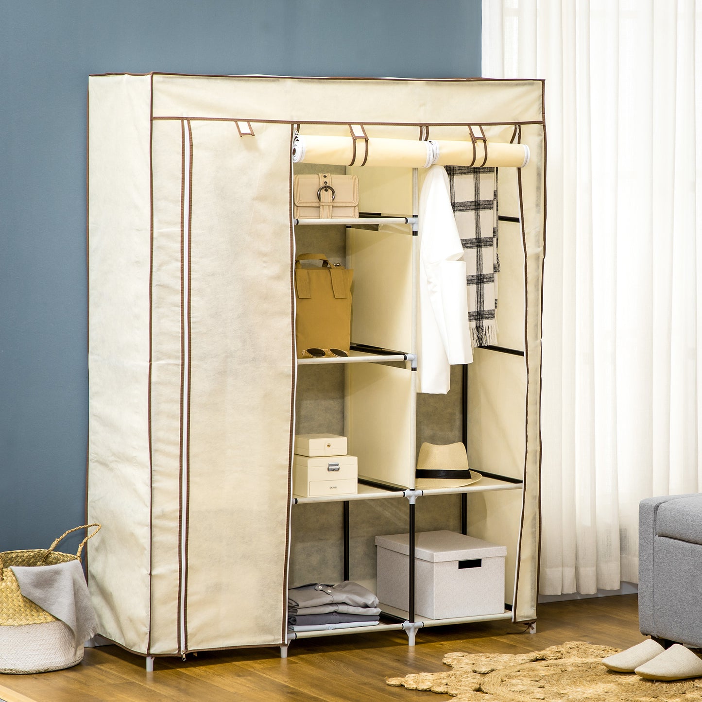HOMCOM Fabric Wardrobe, Portable Wardrobe, Clothes Storage Unit with 8 Shelves, 2 Hanging Rods, 125 x 43 x 162.5 cm, Cream White