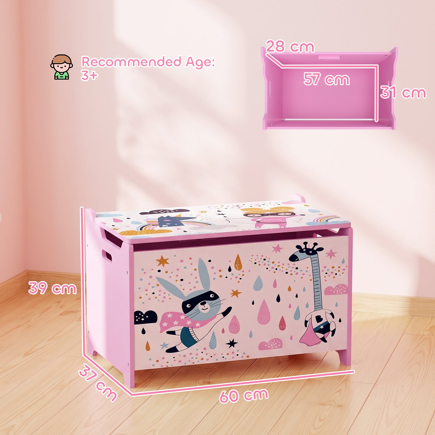 AIYAPLAY Storage Chest, Wooden Toy Chest with Lid, Flip-Top, Security Hinges and Anti-Pinch Design for Kids, Pink