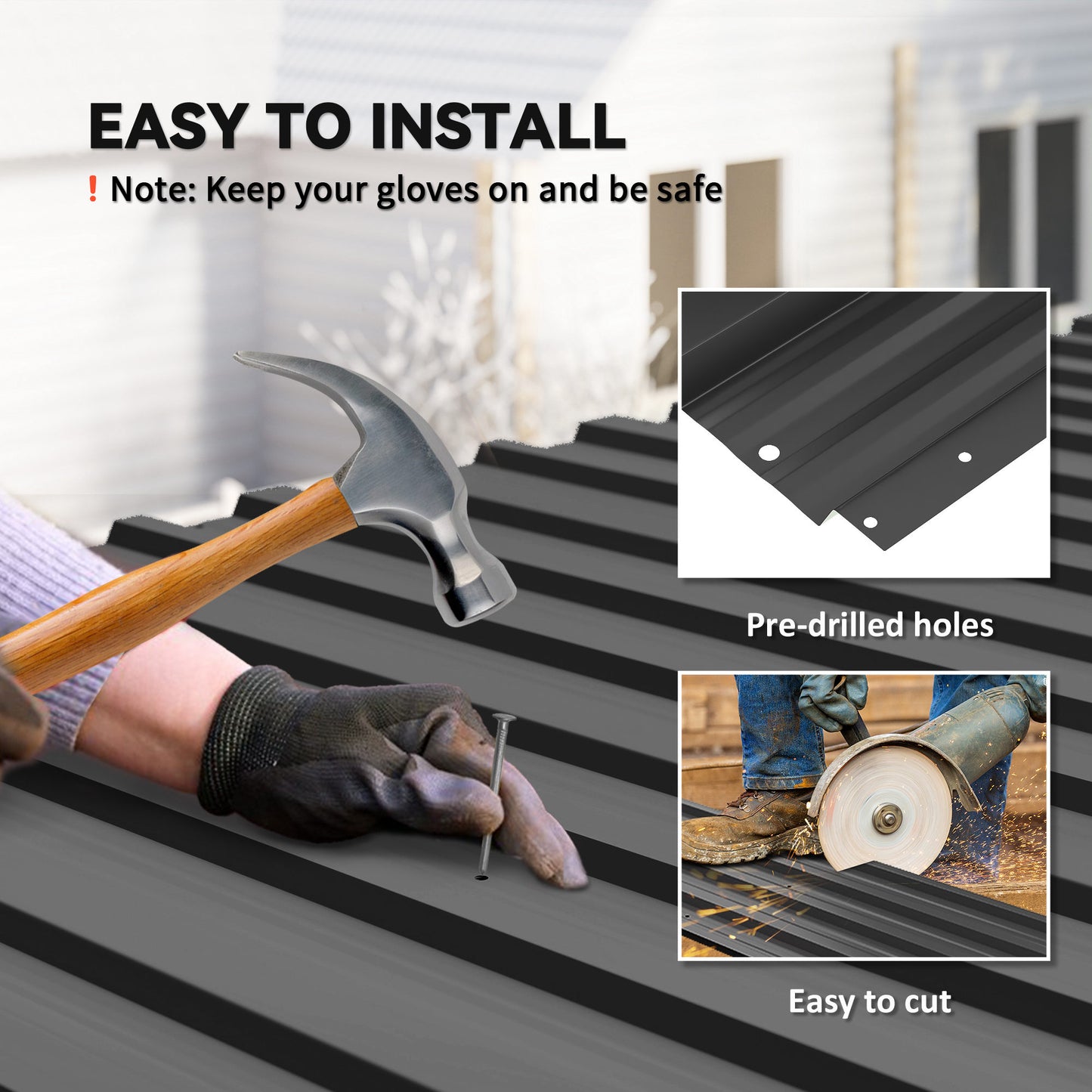 Outsunny Set of 12 Corrugated Steel Roof Sheet Panels - Black