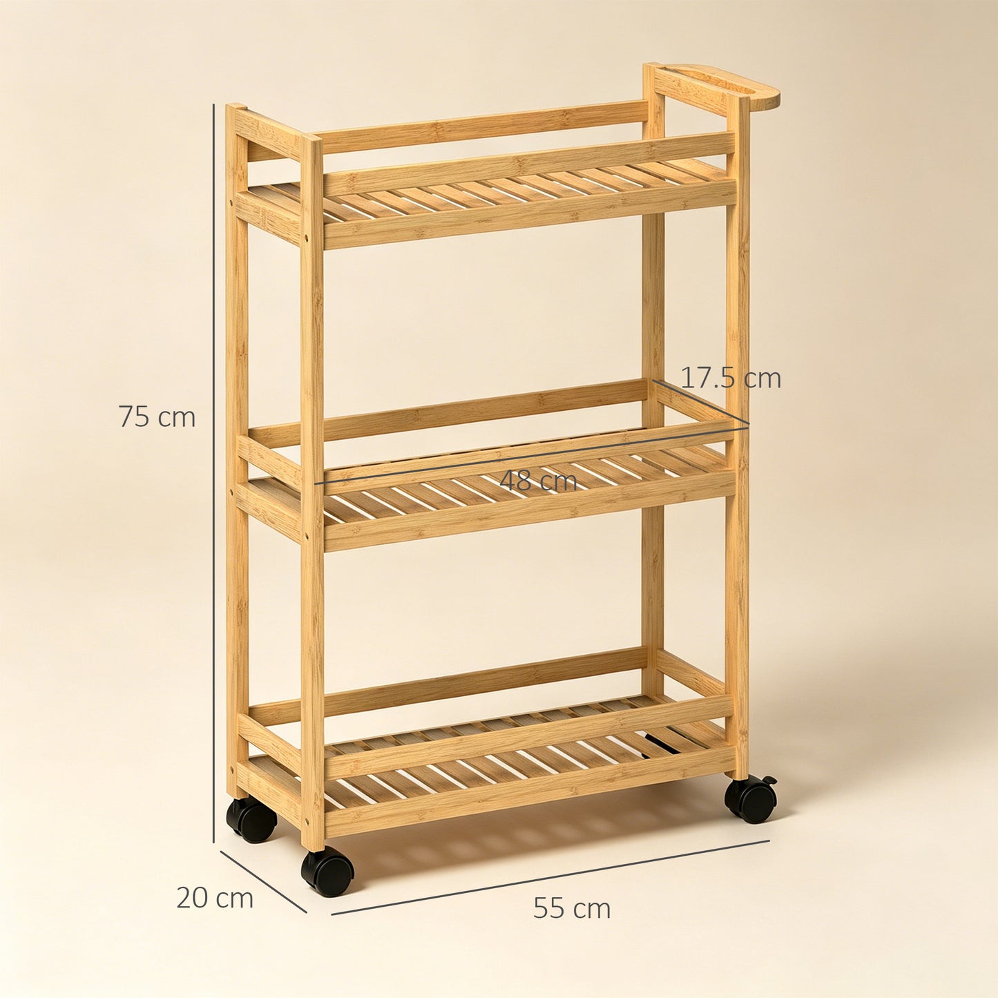 HOMCOM 3-Tier Bamboo Storage Trolley on Wheels with Handle for Kitchen, Office, Bathroom