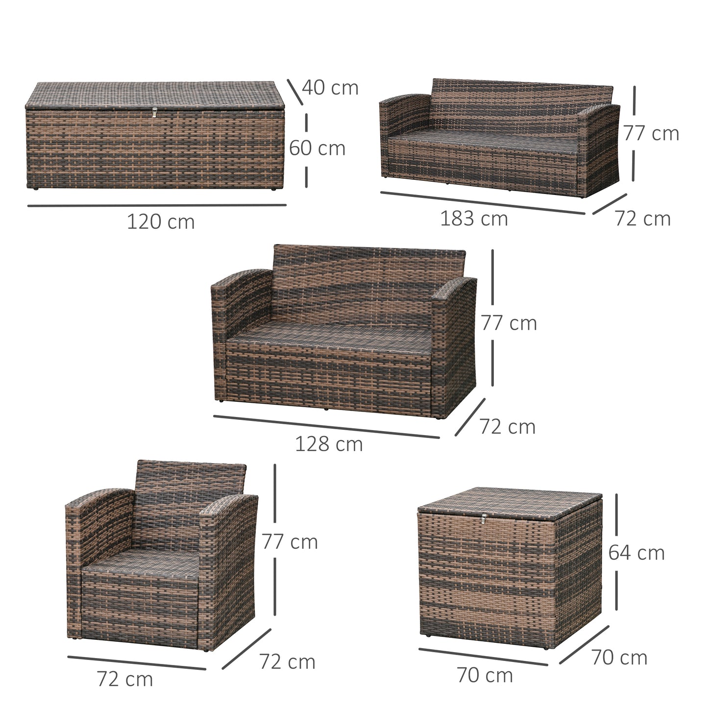 Outsunny 6-Piece Rattan Garden Furniture Set, 7-Seater Wicker Sofa with Storage Tables & Cushions, Orange