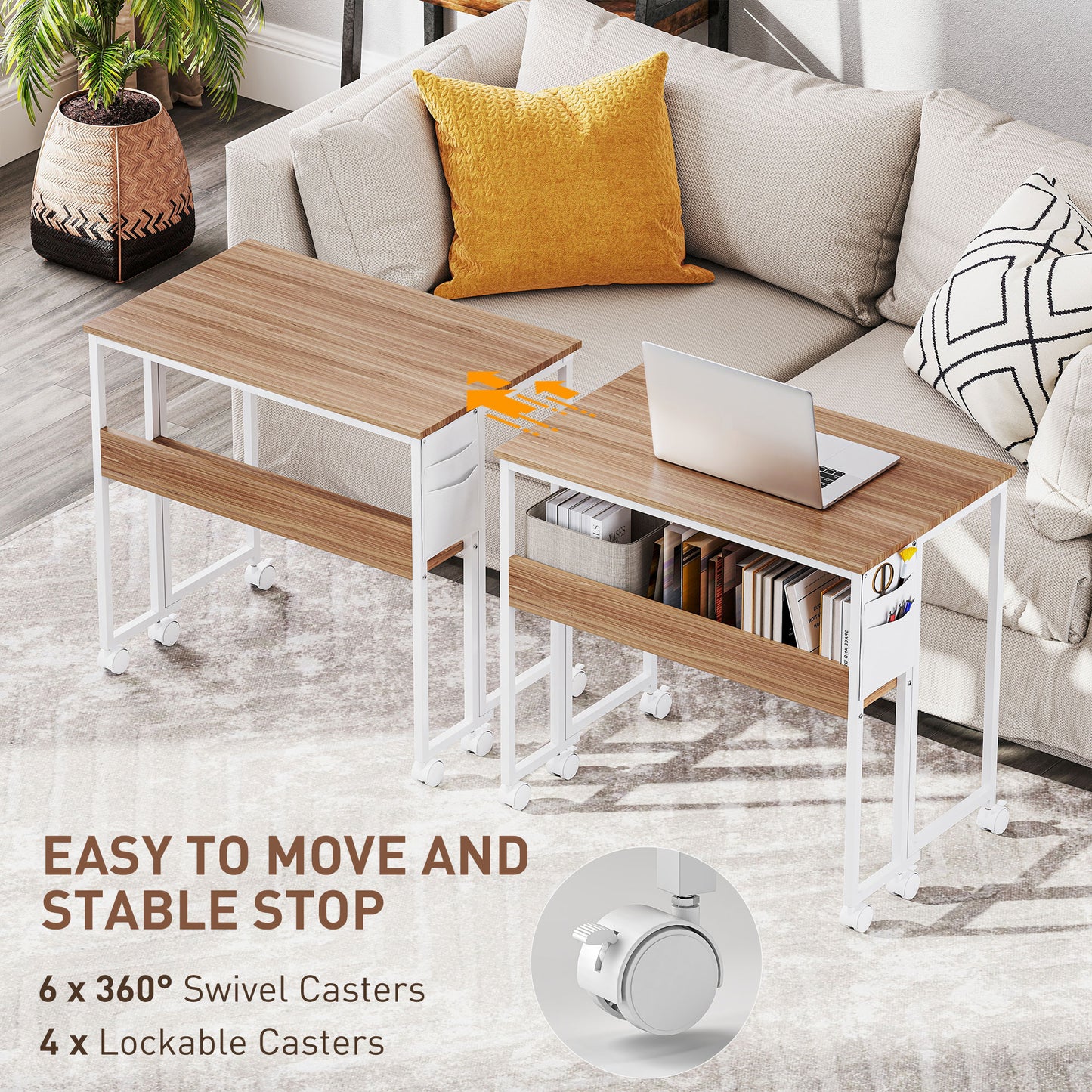 HOMCOM 80 cm Folding Desk with Storage Shelf and Drop Leaf on Wheels - Natural Wood Finish