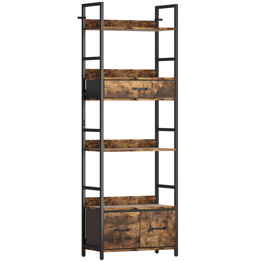 HOMCOM Industrial Bookcase, 6-Tier Tall Bookshelf with 3 Fabric Drawers - Rustic Brown