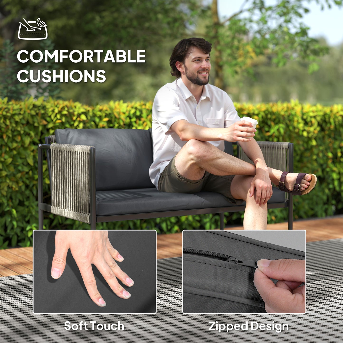 Outsunny 4 Piece Rattan Garden Furniture Set, 4 Seater Wicker Outdoor Set with 2 Armchairs, Loveseat, Coffee Table & Cushions, Grey