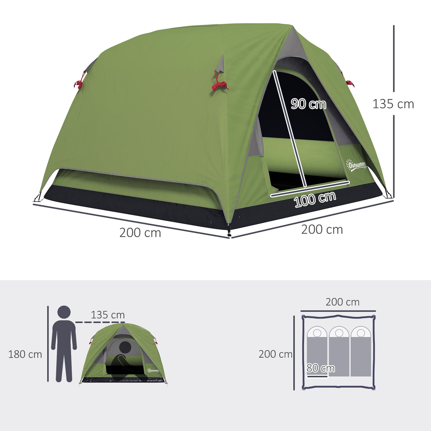 Outsunny 3-4 Person Camping Tent, Easy Set Up, Waterproof Dome, Sewn-in Groundsheet, Mesh Windows, Pocket & Hook for Camping, Olive Green/Grey
