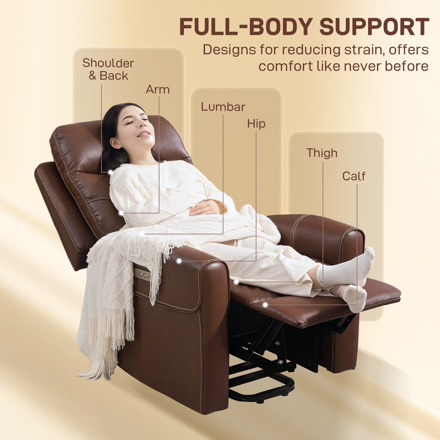 HOMCOM Power Lift Recliner Chair, Faux Leather, USB A+C Ports, Remote Control, Recliner Armchair for Elderly, Living Room, Brown
