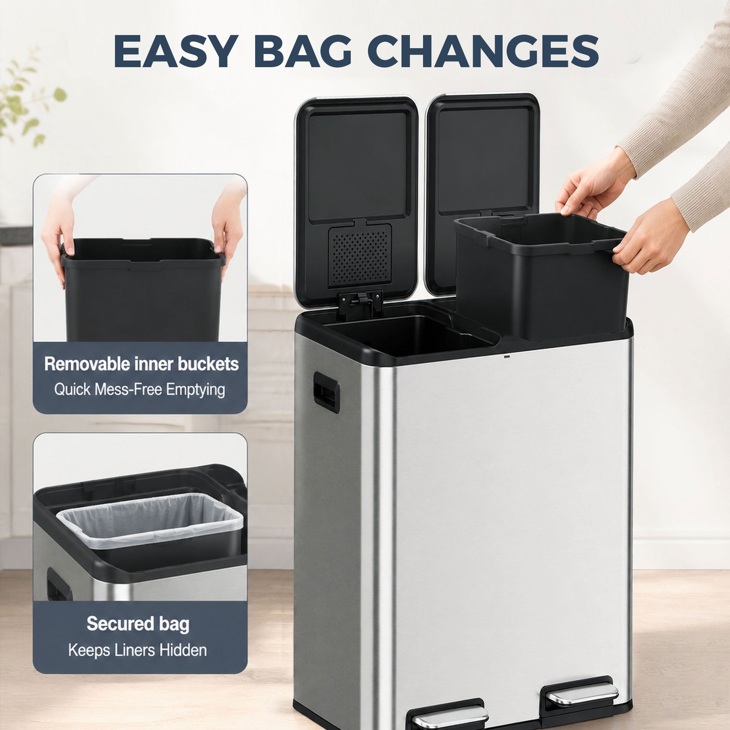 HOMCOM 2 x 30L Double Kitchen Bin, Stainless Steel Pedal Rubbish Bin with Dual Compartments, Soft Close Lids, Silver Tone