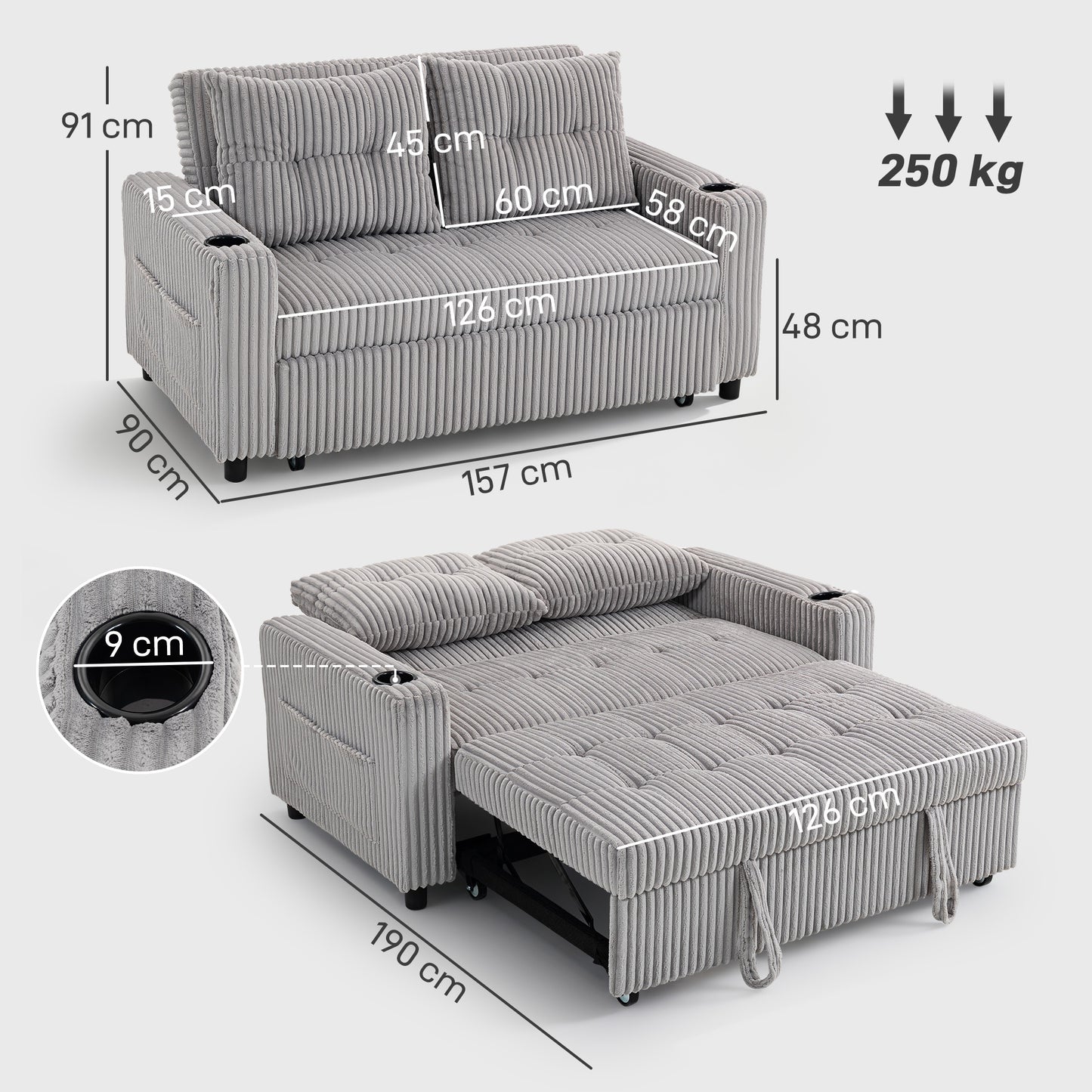HOMCOM 2 Seater Click Clack Sofa Bed with Pull Out Design, Corduroy Upholstery - Light Grey