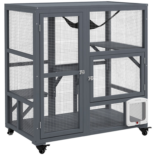 PawHut Cat Cage House, Catio Cat Outdoor Enclosure on Wheels - Light Grey
