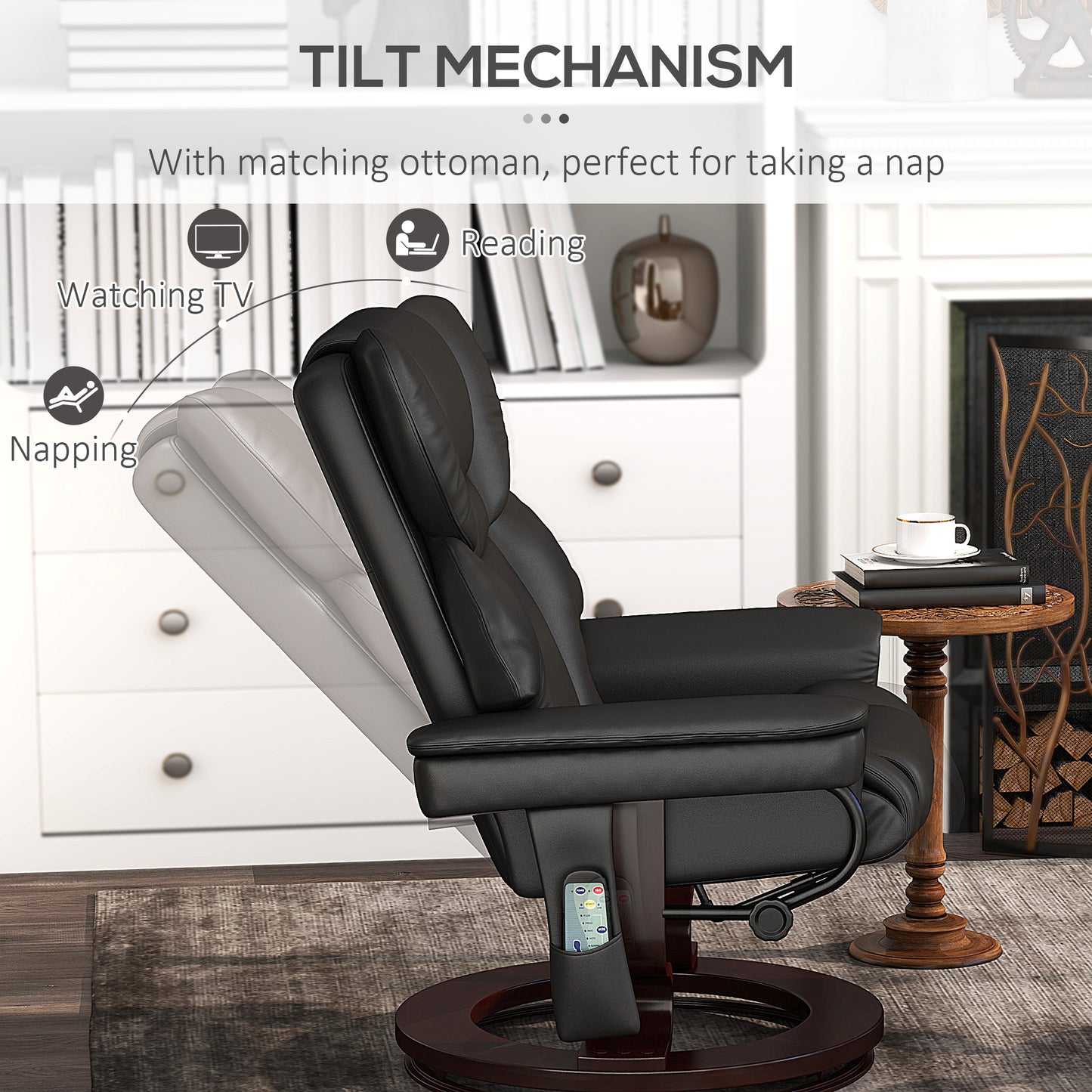HOMCOM Massage Recliner Chair with Footstool, Upholstered Reclining Armchair, Adjustable Backrest, Steel Frame, Wood Base, Swivel, Black