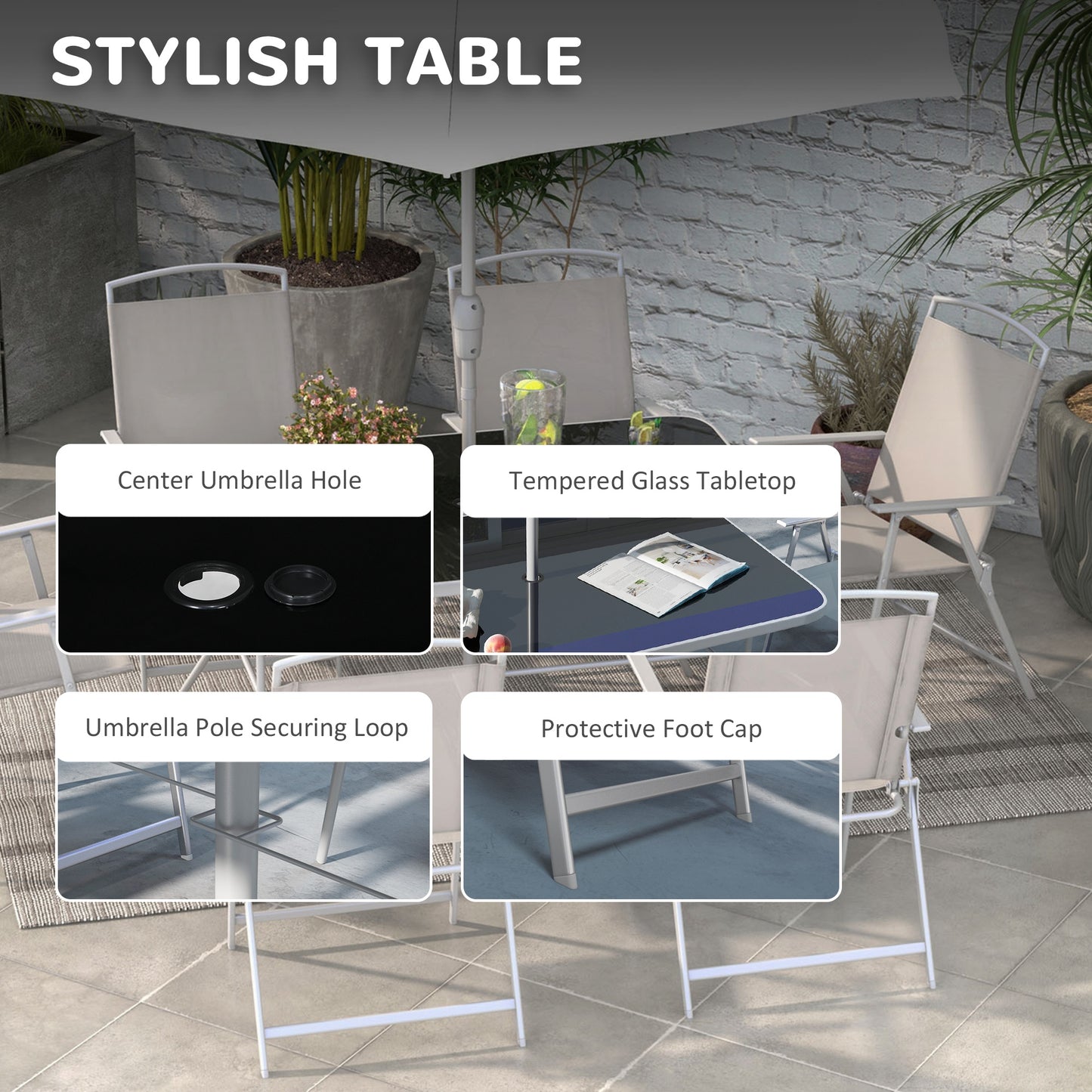 Outsunny Eight-Piece Garden Dining Set, with Chairs, Table and Parasol - Grey