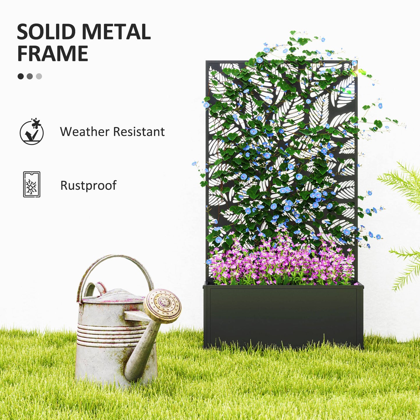 Outsunny Outdoor Metal Planter, with Leaf Back Trellis - Black