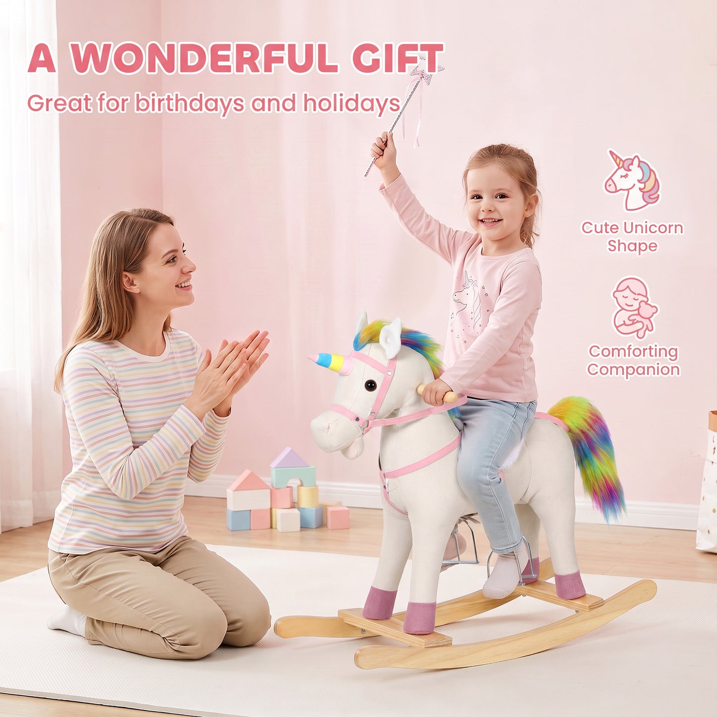 AIYAPLAY Rocking Horse, Unicorn Ride on Horse with Sounds and Stable Wooden Base for 1-3 Years, Cream White