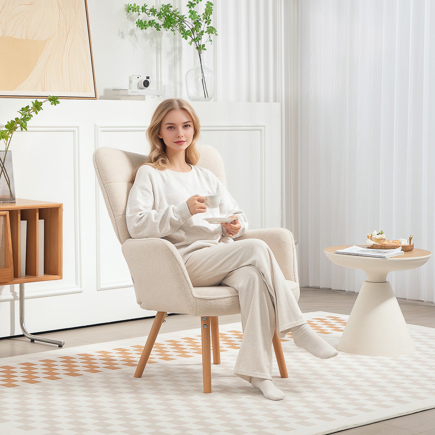 HOMCOM Modern Accent Chair, Upholstered Tufted Wingback Armchair with Seat Padding, Leisure Lounge Bedroom Chair with Wood Legs, Cream White