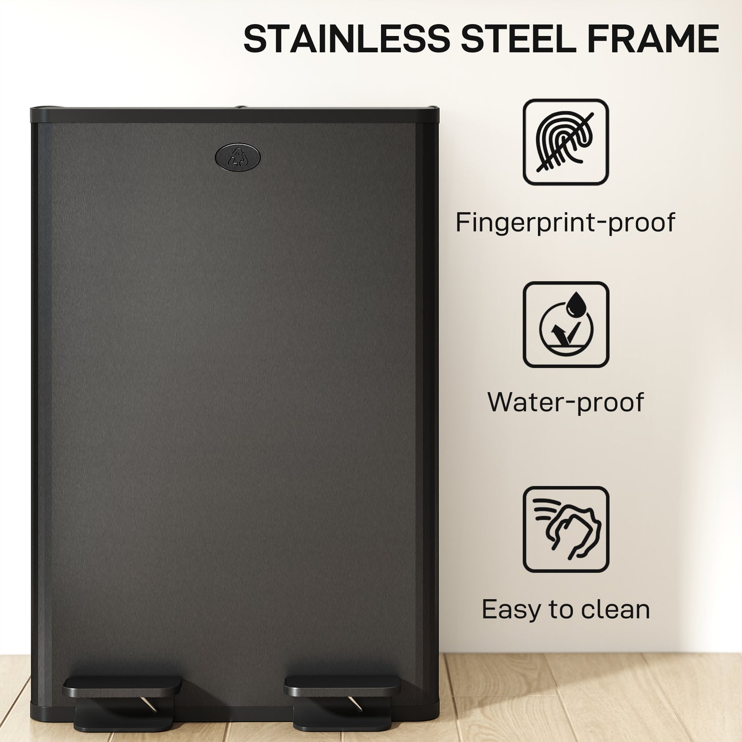 HOMCOM 56L Dual Compartment Stainless Steel Bin, with Deodoriser Holders - Black