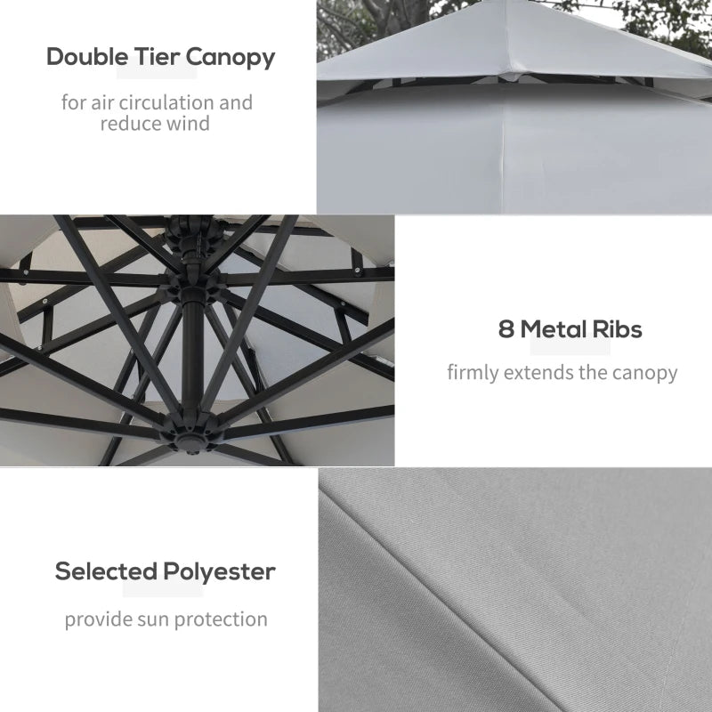 Outsunny 3m Cantilever Banana Parasol Hanging Umbrella with Double Roof, LED Solar lights, Crank, 8 Sturdy Ribs and Cross Base for Outdoor, Garden, Patio, Light Grey