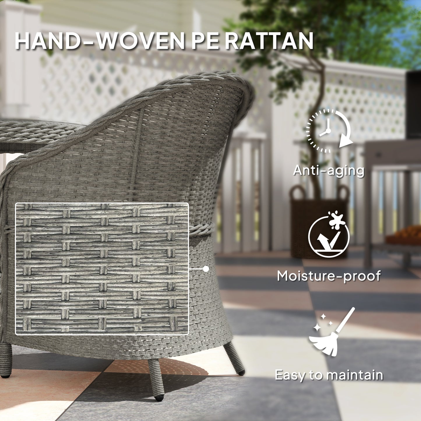 Outsunny 4-Seater Rattan Garden Furniture Set, Glass-Top Table & Cushions, Umbrella Hole, Outdoor Dining, Grey