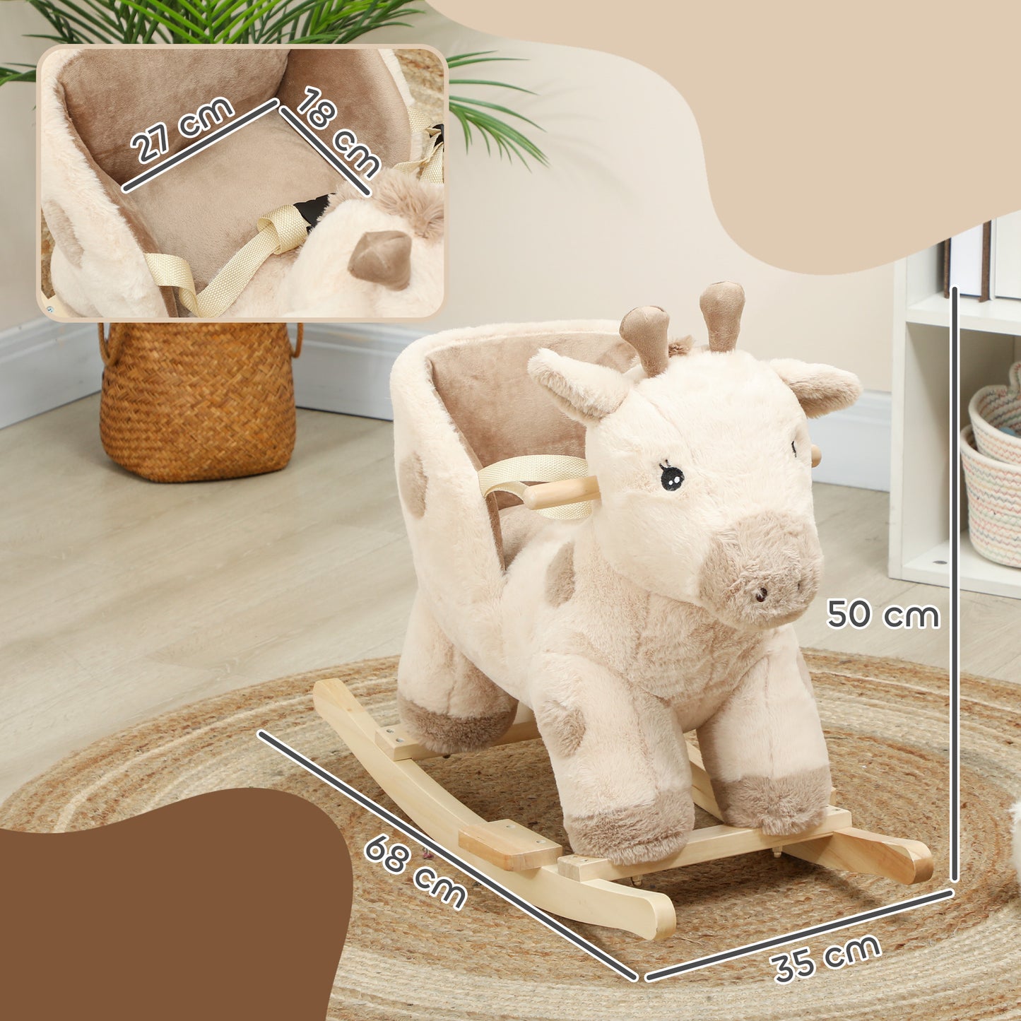 AIYAPLAY Rocking Horse, Stable Plush Ride on Horse Giraffe Design with Music, Security Belt, Baby Toy Rocker for 1-3 Years, Beige