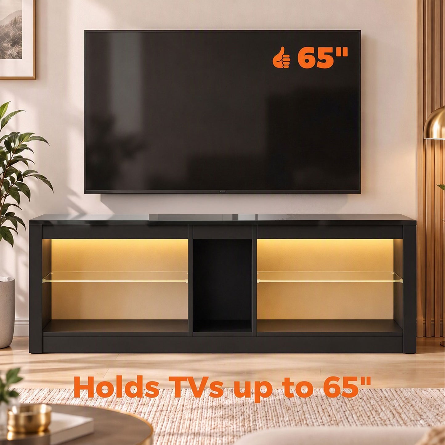 HOMCOM TV Stand Cabinet with LED Lights and Remote Control for TVs up to 65", Entertainment Centre with Storage Shelves, Black