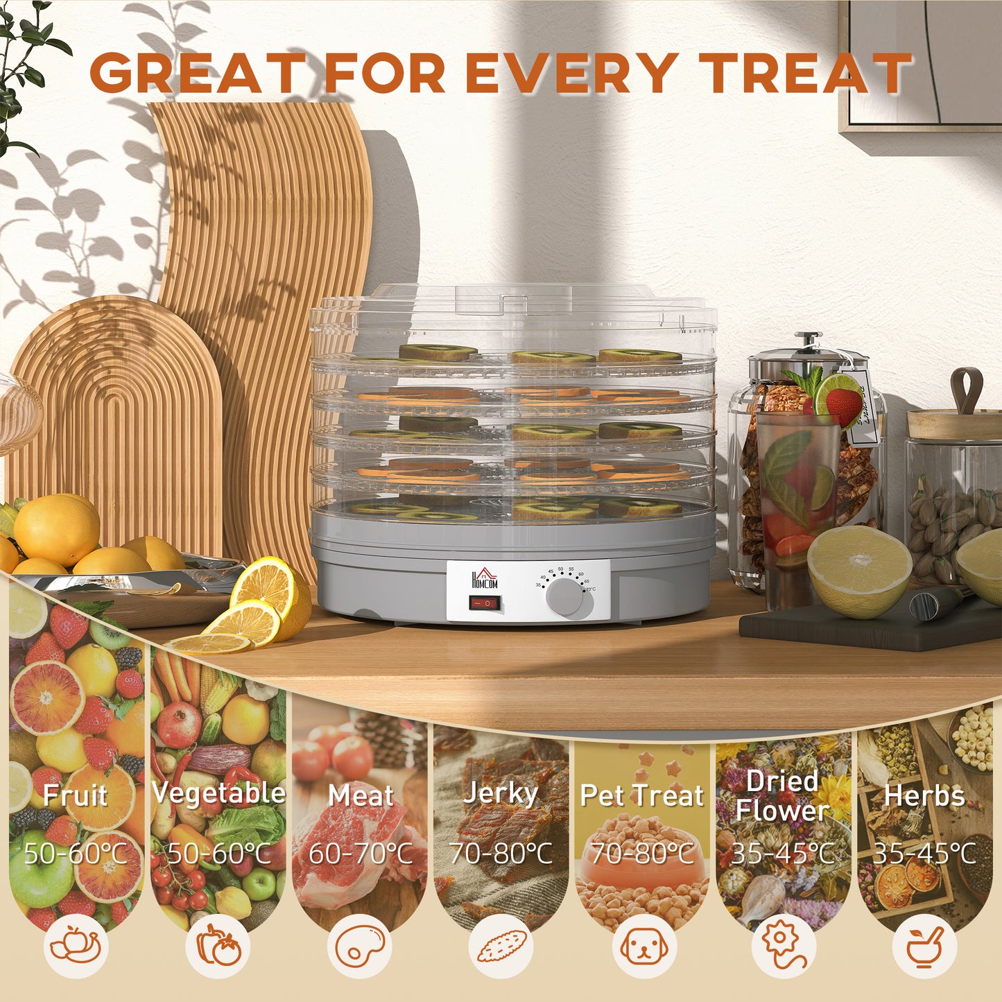 HOMCOM 5 Tier Food Dehydrator, 245W Food Dryer with Adjustable Temperature for Fruit, Meat, Veggies, Jerky, Pet Treats, Grey
