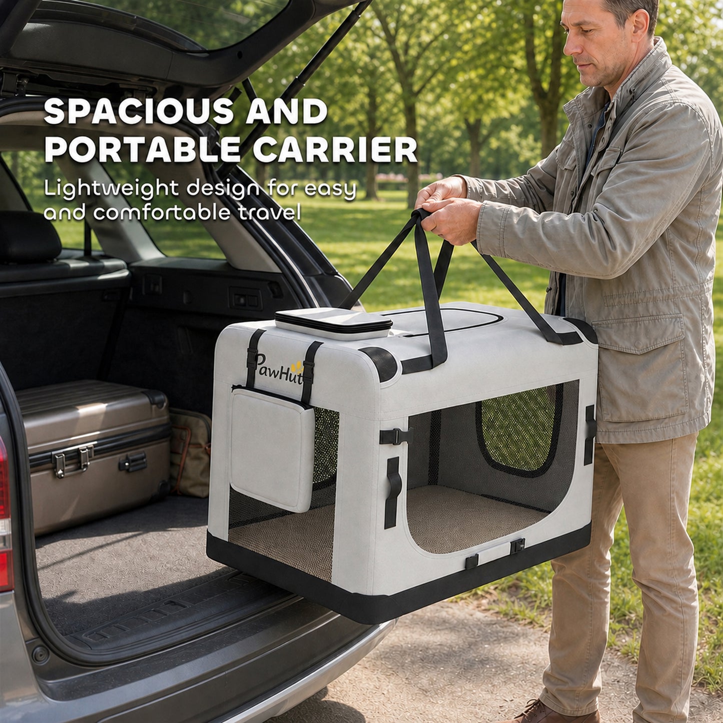 PawHut Pet Carrier Bag, Soft-Sided Dog Carrier with Security Buckle Strap, Washable Cushion and Folded Bowl, Light Grey