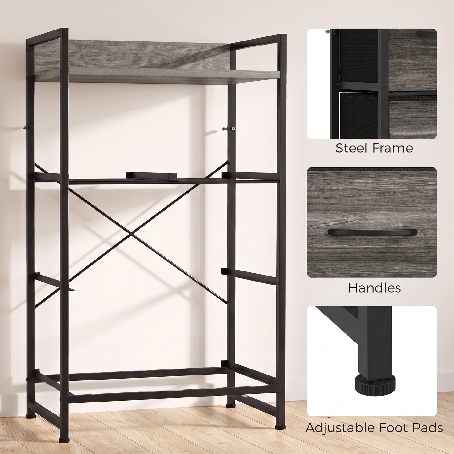 HOMCOM Rustic Chest of Four Fabric Drawers - Grey Wood Effect