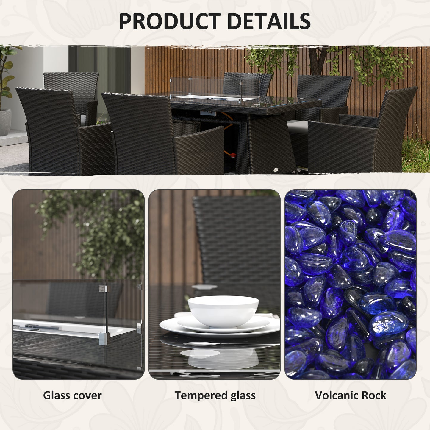 Outsunny 7-Piece Rattan Garden Furniture with Fire Pit Table, 6 Seater Set, Cushions, 50,000 BTU, Black