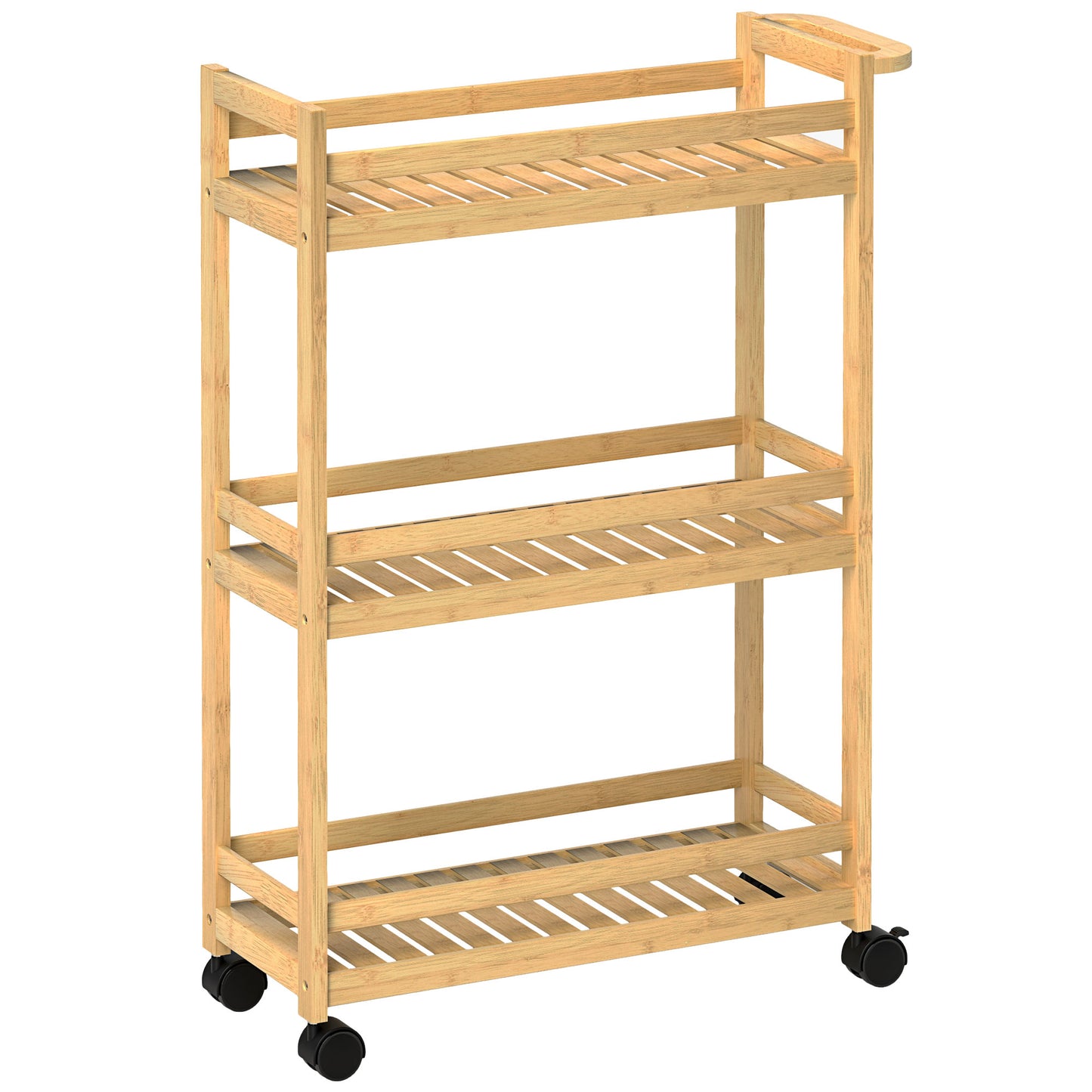 HOMCOM 3-Tier Bamboo Storage Trolley on Wheels with Handle for Kitchen, Office, Bathroom