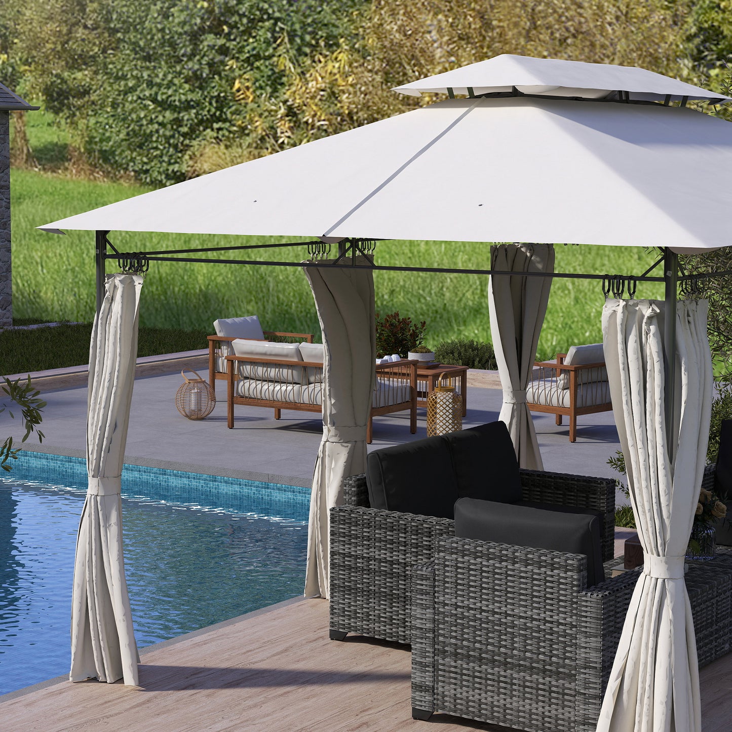Outsunny 3 x 4m Garden Gazebo with Sides, Double Roof Metal Gazebo, Outdoor Gazebo Canopy Shelter for Patio, Deck, Dark Grey