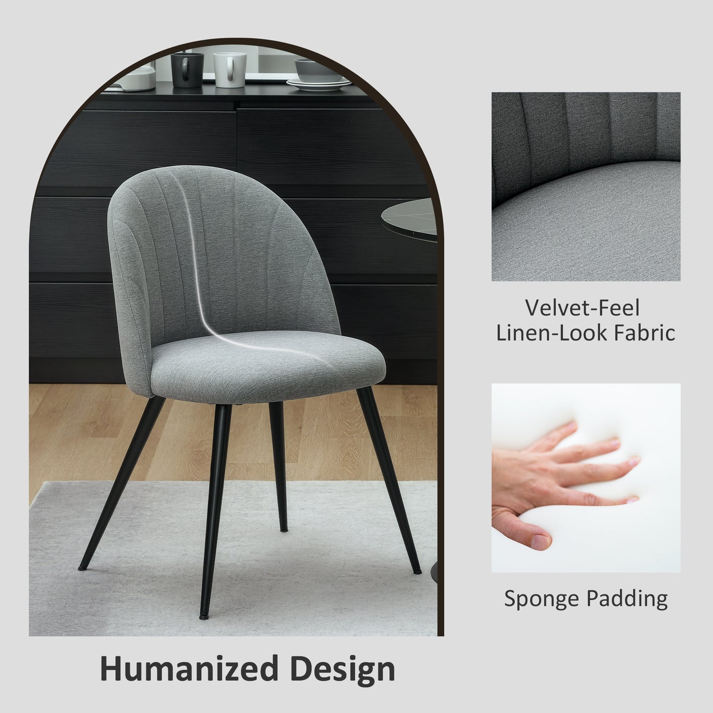 HOMCOM Velvet Dining Chairs Set of 2, Upholstered with Metal Legs, Shell Backrest and Padded Seat for Dining, Bedroom, Living Room, Grey