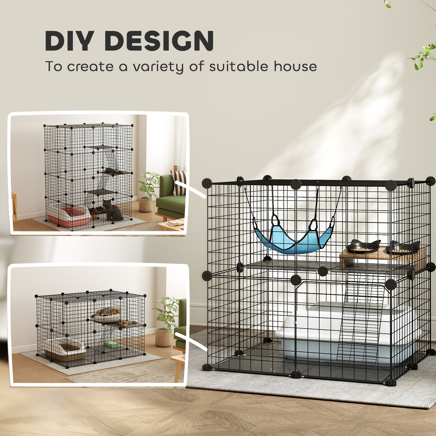 PawHut Indoor Cat Cage DIY Customizable 2-Tier Indoor Cat Enclosure with 2 Doors and Hammock 70 cm Black